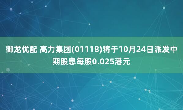 御龙优配 高力集团(01118)将于10月24日派发中期股息每股0.025港元